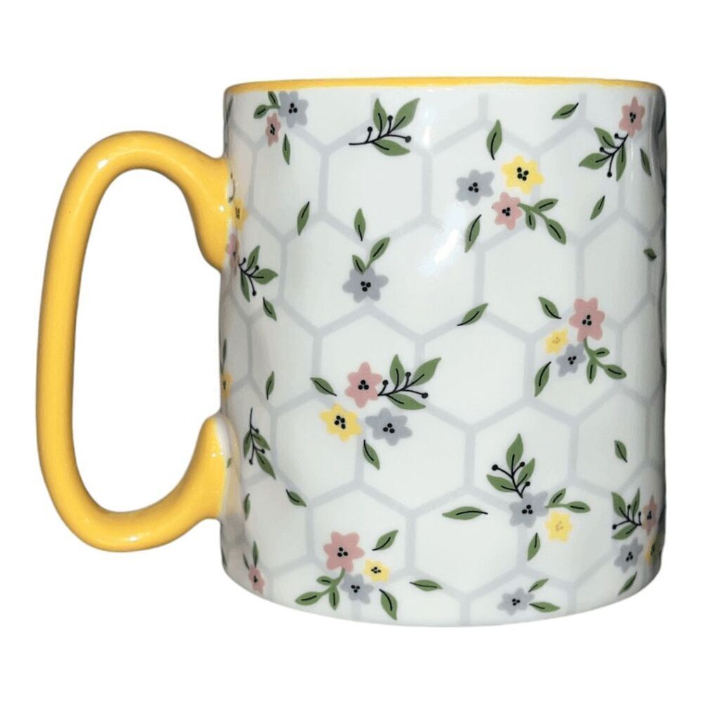 10 Strawberry Street Floral Ceramic Honeycomb Mug, 16 oz, Yellow Handle